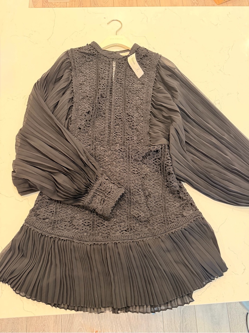 Women's Lace & Pleated Mini Dress in Charcoal Gray